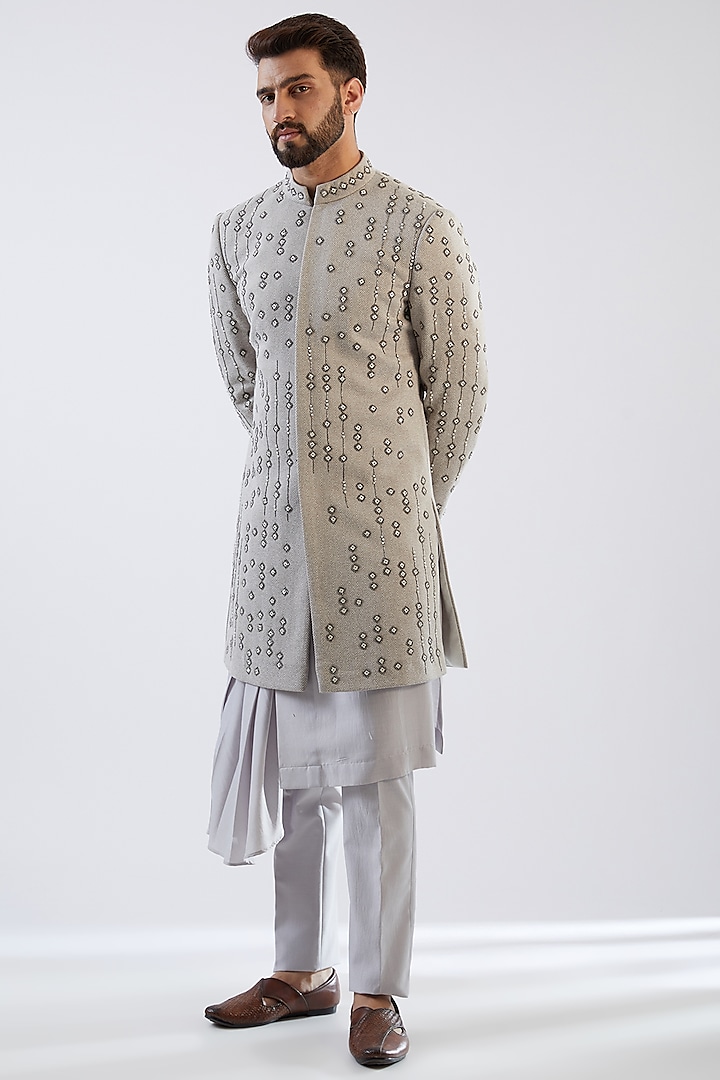 Grey Terry Rayon Hand Embroidered Indowestern Set by Dhananjay