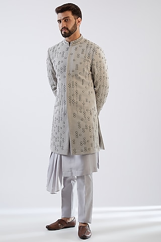 Grey Terry Rayon Hand Embroidered Indowestern Set by Dhananjay