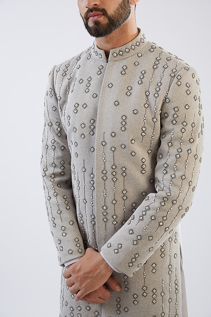 Grey Terry Rayon Hand Embroidered Wedding Indowestern Set by Dhananjay at Pernia's Pop Up Shop