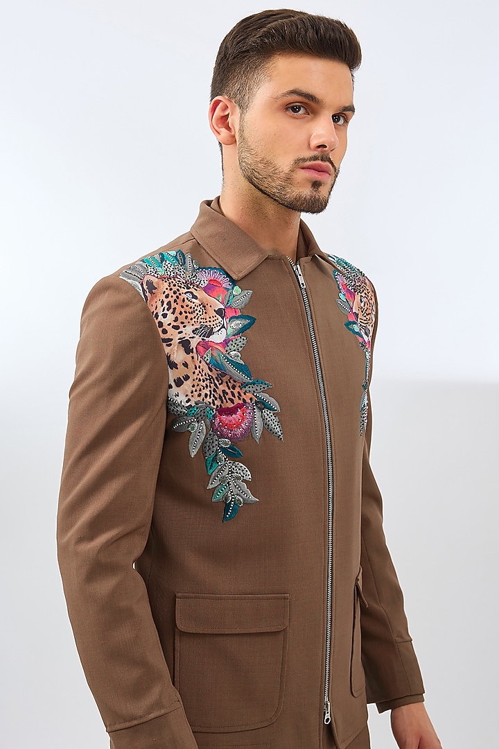 Brown Coffee Terry Rayon Blend Applique Embroidered & Digital Printed Jacket Set by Dhananjay at Pernia's Pop Up Shop