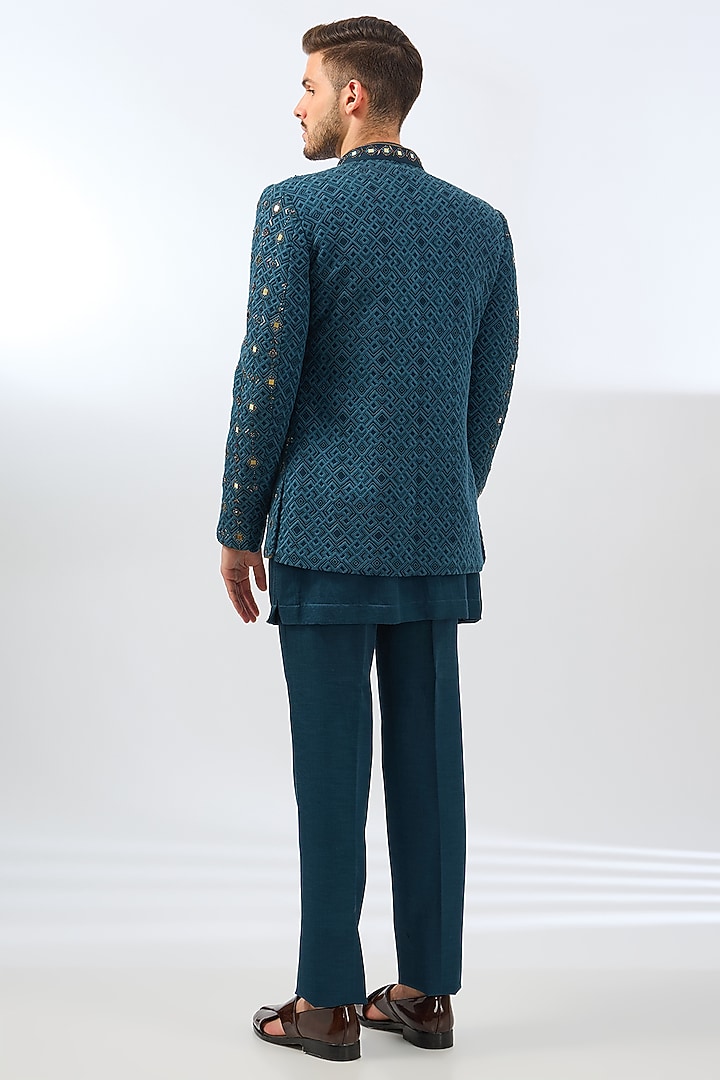 Blue Silk Mirror Embroidered Indo-Western Set by Dhananjay at Pernia's Pop Up Shop