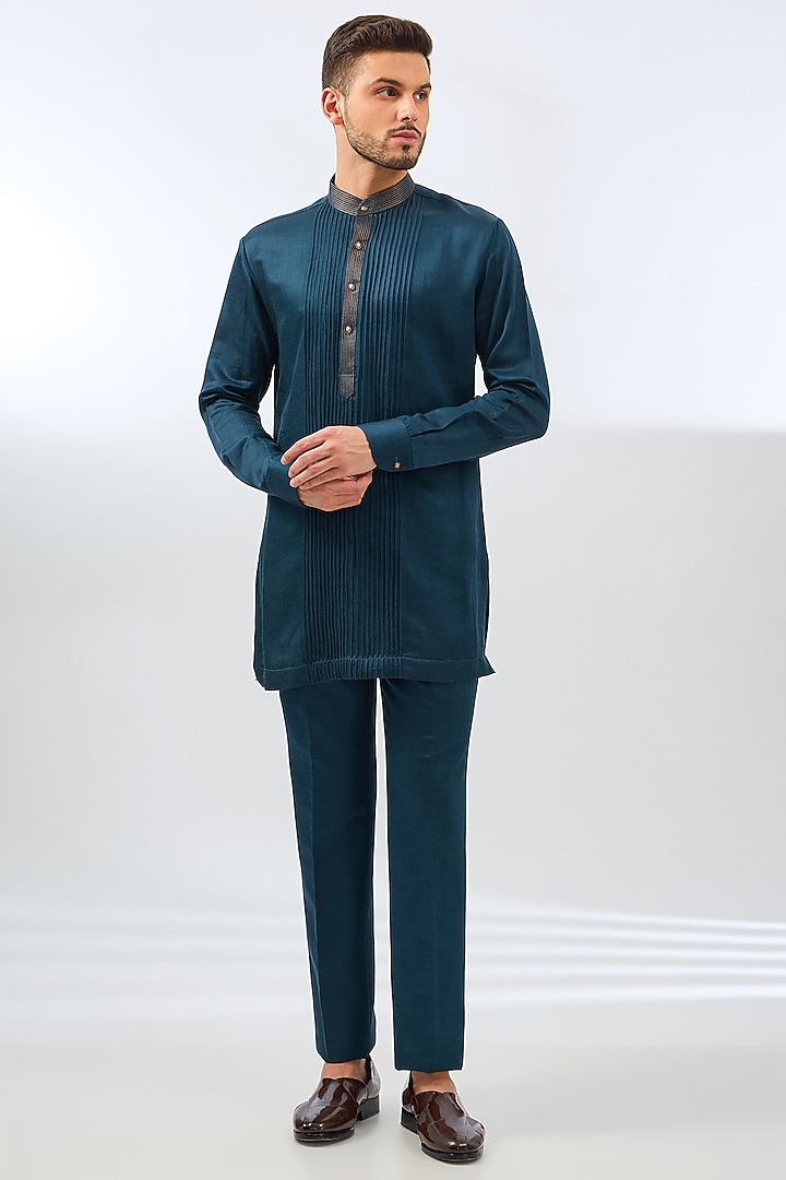 Blue Silk Mirror Embroidered Indo-Western Set by Dhananjay at Pernia's Pop Up Shop