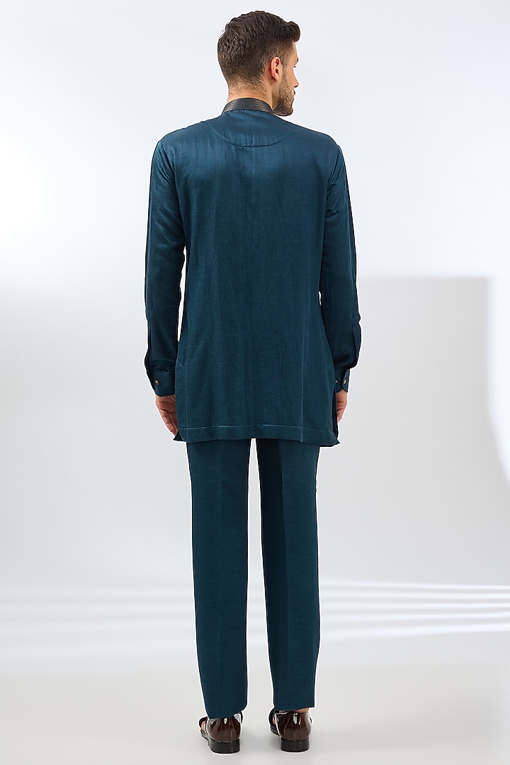 Blue Silk Mirror Embroidered Indo-Western Set by Dhananjay at Pernia's Pop Up Shop