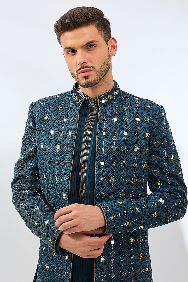 Blue Silk Mirror Embroidered Indo-Western Set by Dhananjay at Pernia's Pop Up Shop
