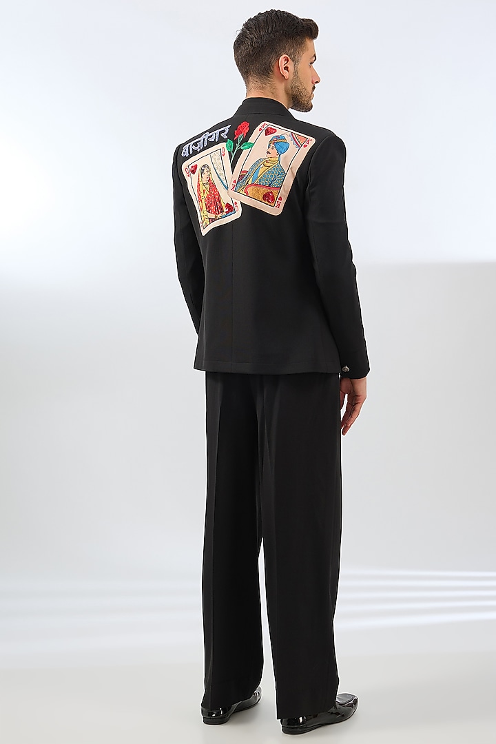 Black Terry Rayon Blend Applique Embroidered & Digital Printed Jacket Set by Dhananjay at Pernia's Pop Up Shop