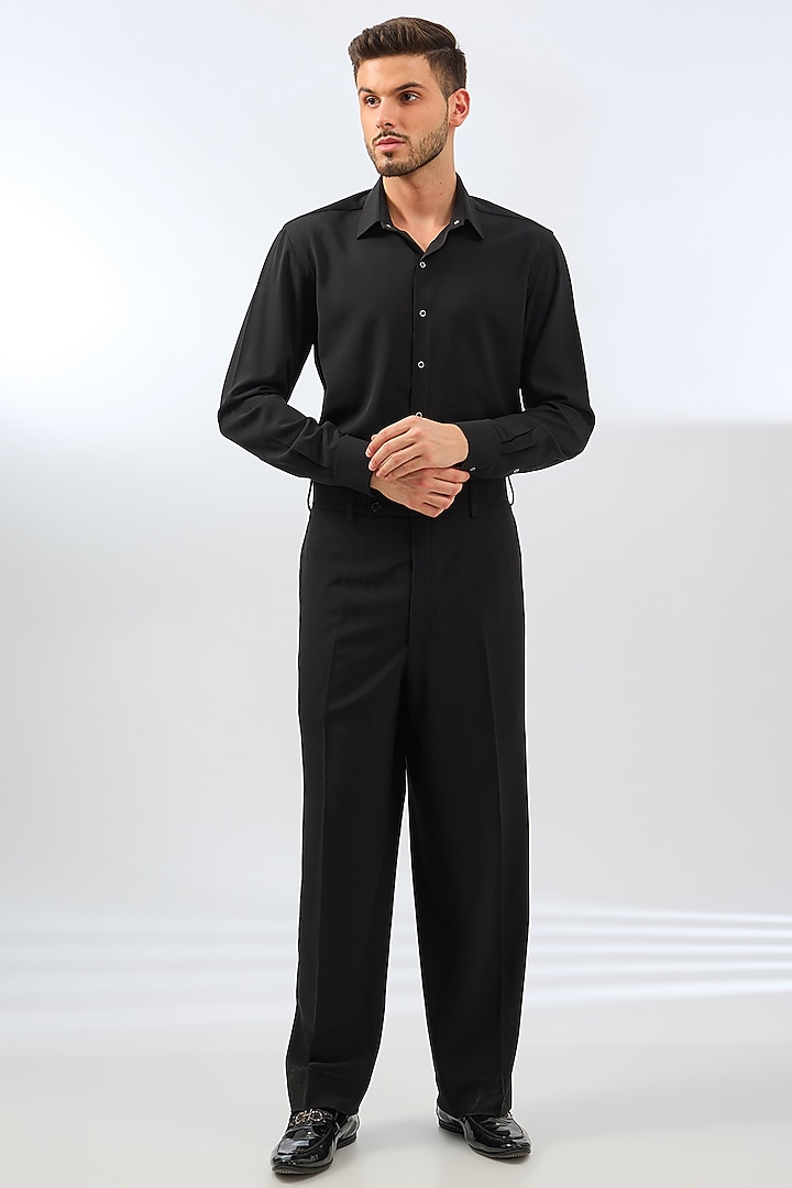 Black Terry Rayon Blend Applique Embroidered & Digital Printed Jacket Set by Dhananjay at Pernia's Pop Up Shop