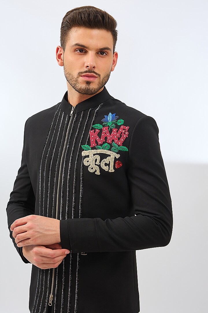 Black Terry Rayon Blend Applique Embroidered & Digital Printed Jacket Set by Dhananjay at Pernia's Pop Up Shop