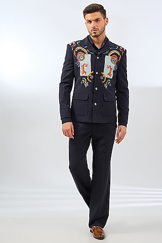Blue Terry Rayon Blend Applique Embroidered & Digital Printed Jacket Set by Dhananjay