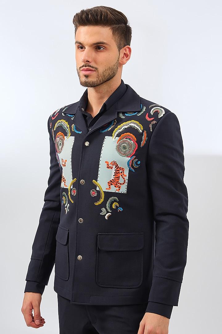 Blue Terry Rayon Blend Applique Embroidered & Digital Printed Jacket Set by Dhananjay at Pernia's Pop Up Shop