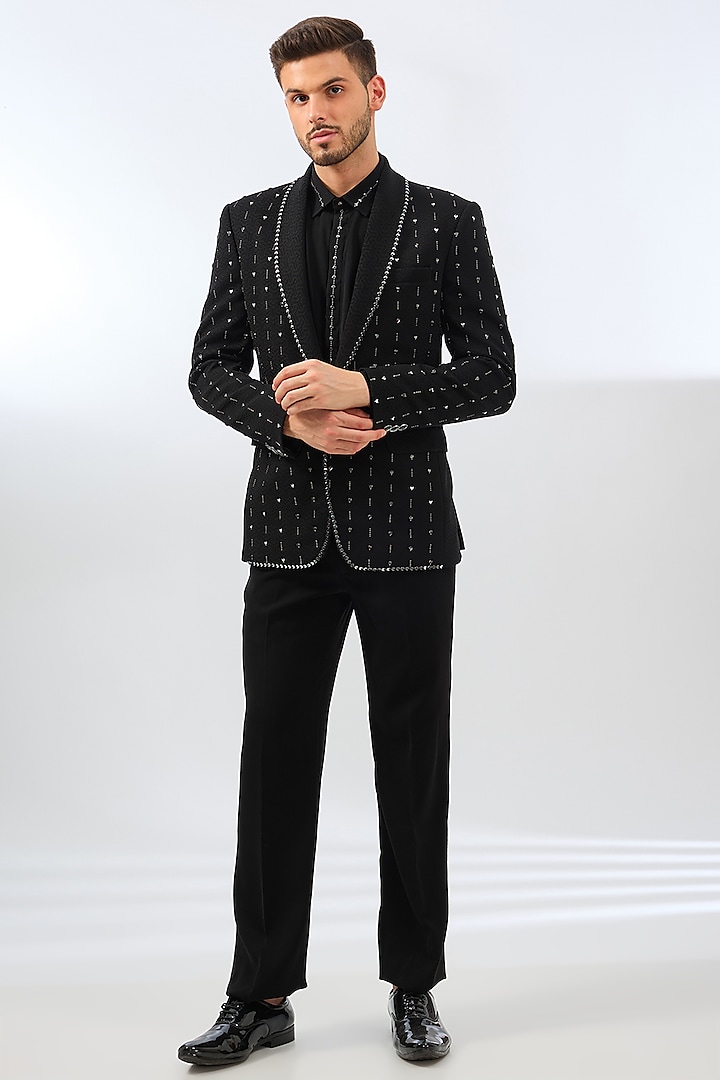 Black Terry Rayon Blend Crystal & Bead Embroidered Tuxedo Set by Dhananjay