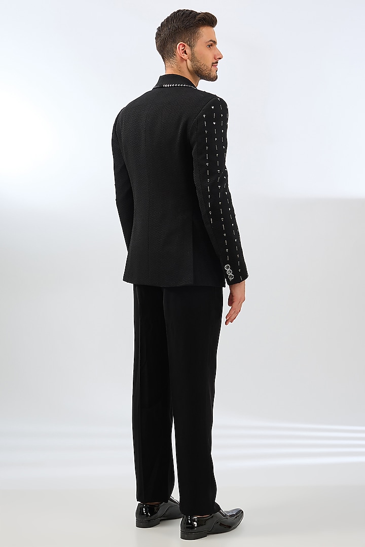 Black Terry Rayon Blend Crystal & Bead Embroidered Tuxedo Set by Dhananjay at Pernia's Pop Up Shop