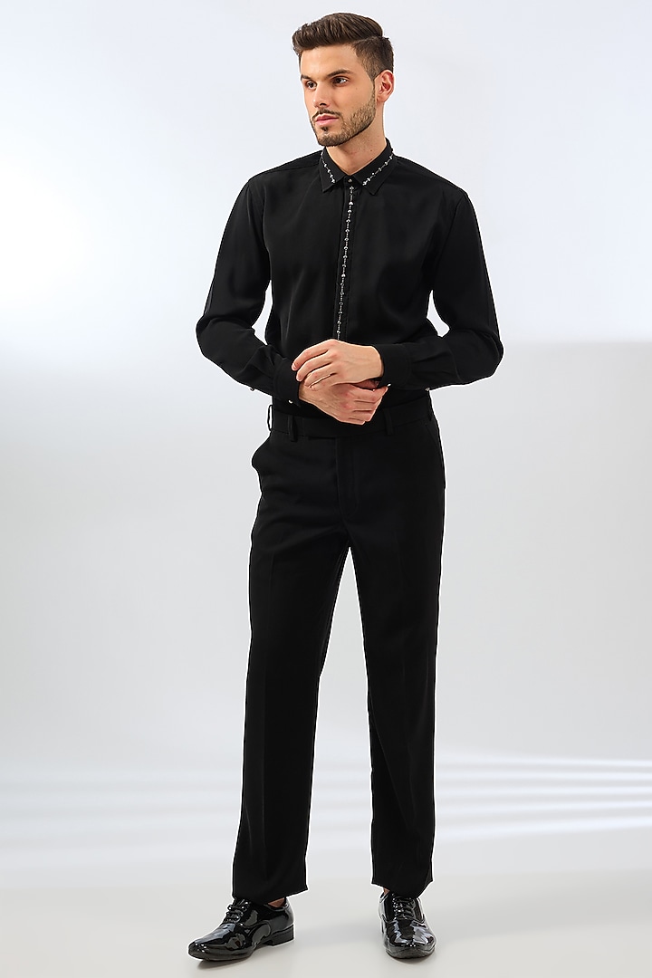 Black Terry Rayon Blend Crystal & Bead Embroidered Tuxedo Set by Dhananjay at Pernia's Pop Up Shop