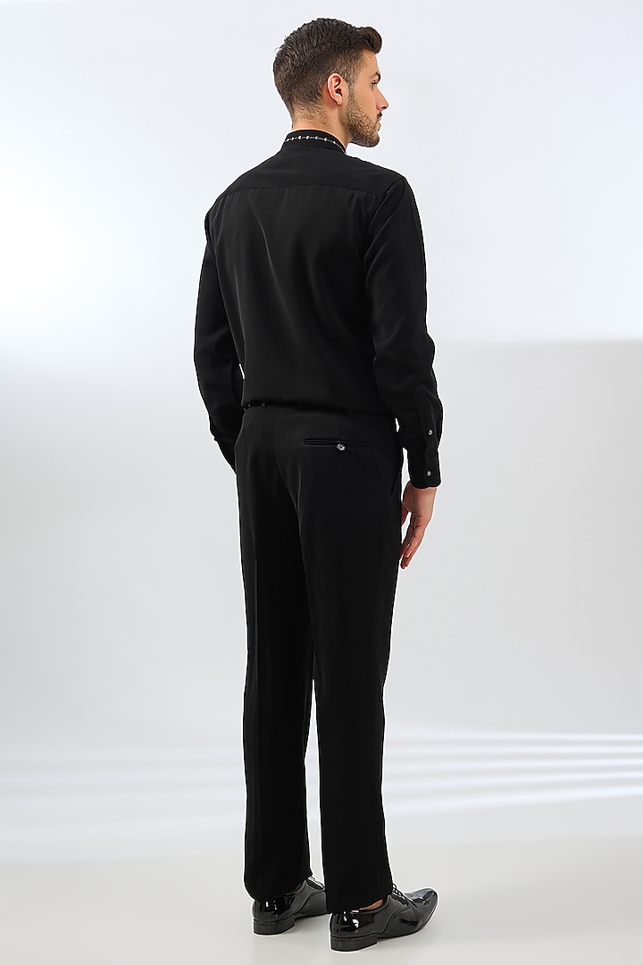Black Terry Rayon Blend Crystal & Bead Embroidered Tuxedo Set by Dhananjay at Pernia's Pop Up Shop