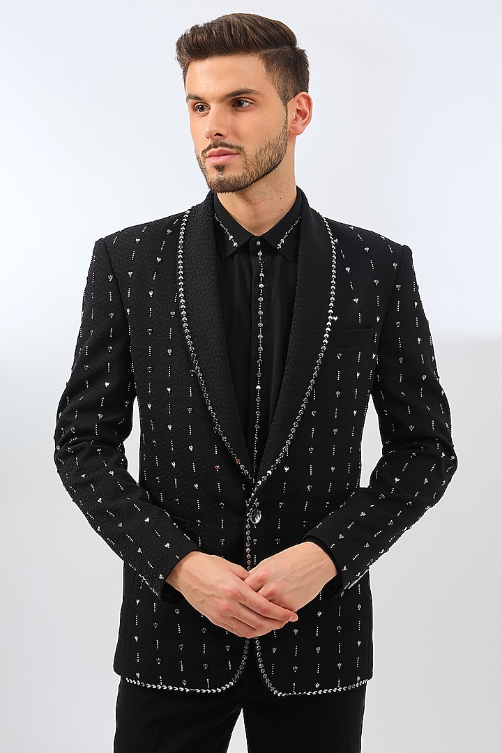 Black Terry Rayon Blend Crystal & Bead Embroidered Tuxedo Set by Dhananjay at Pernia's Pop Up Shop