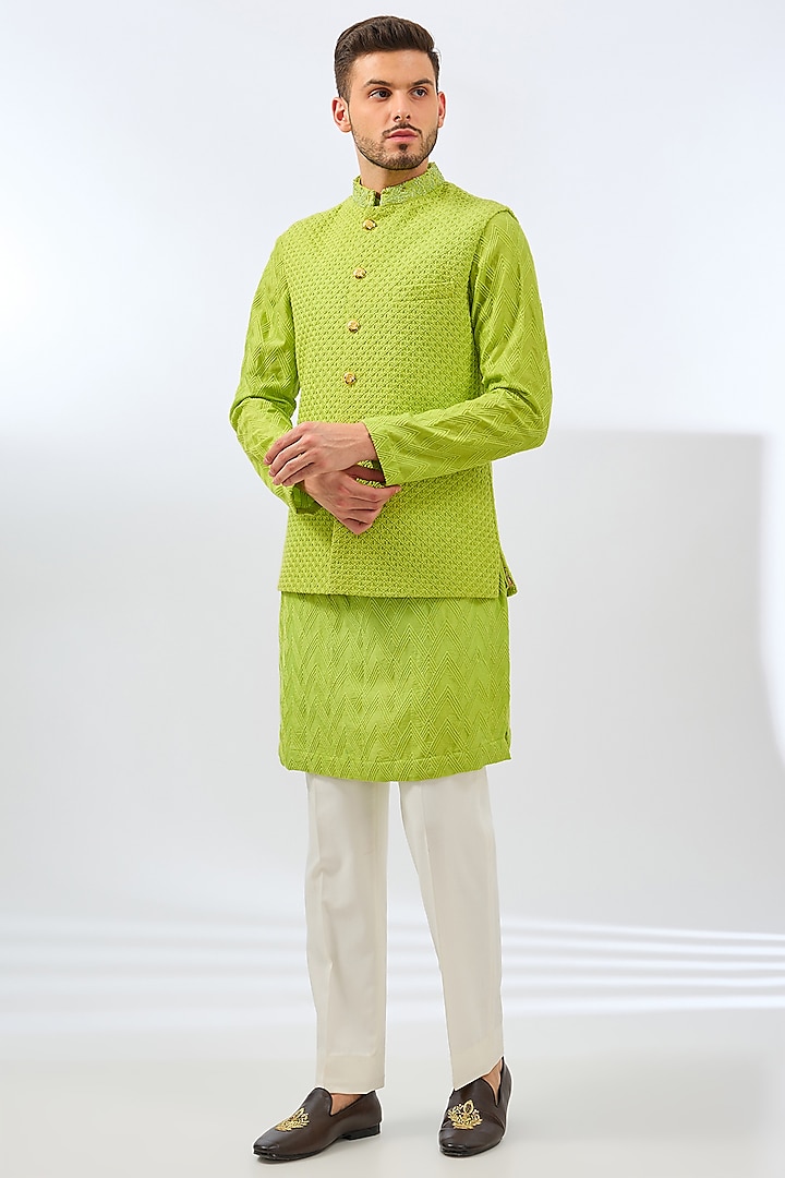 Lime Green Chanderi Embroidered Bundi Set by Dhananjay