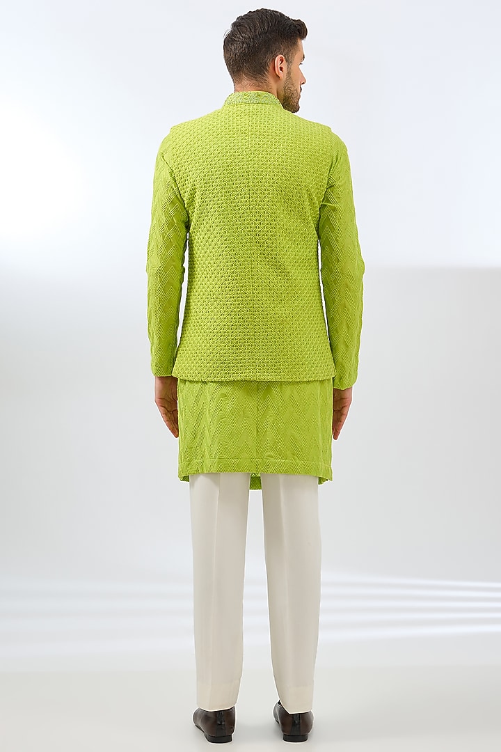 Lime Green Chanderi Embroidered Bundi Set by Dhananjay at Pernia's Pop Up Shop