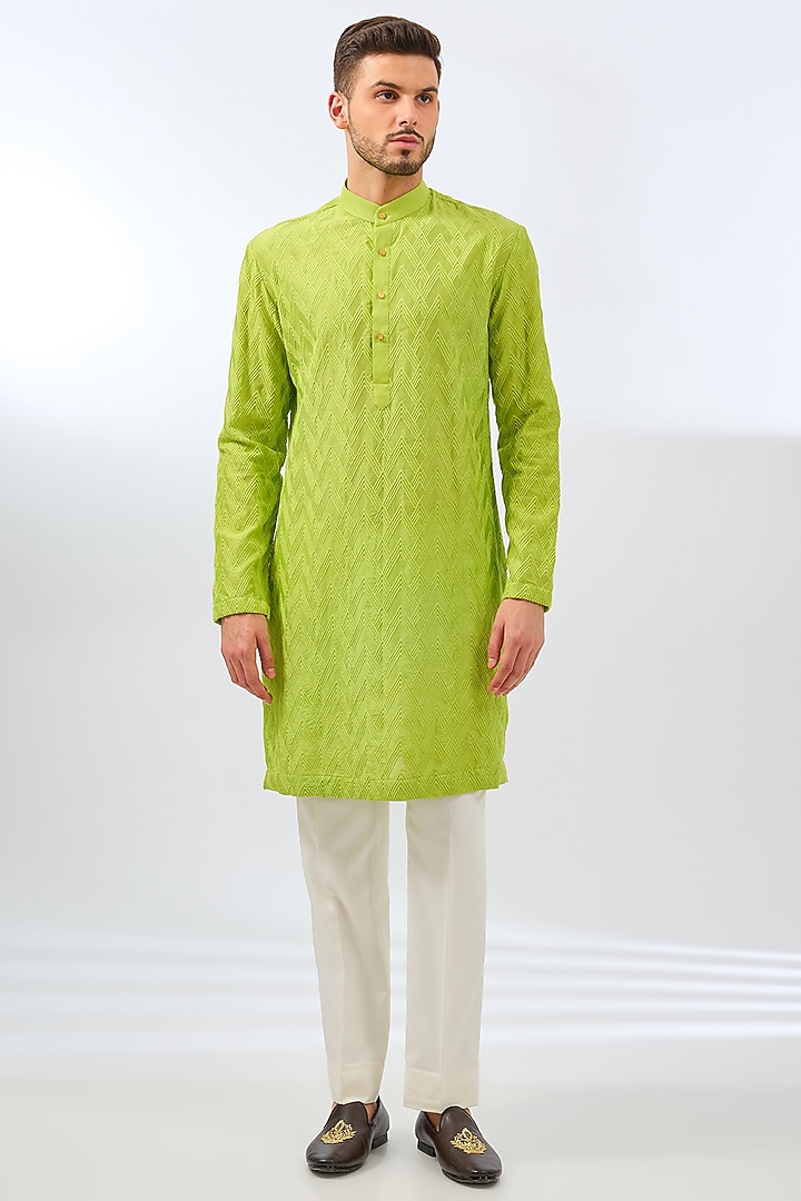 Lime Green Chanderi Embroidered Bundi Set by Dhananjay at Pernia's Pop Up Shop