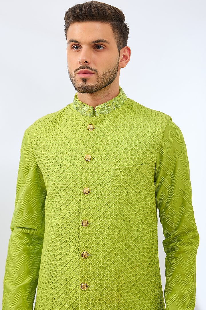Lime Green Chanderi Embroidered Bundi Set by Dhananjay at Pernia's Pop Up Shop