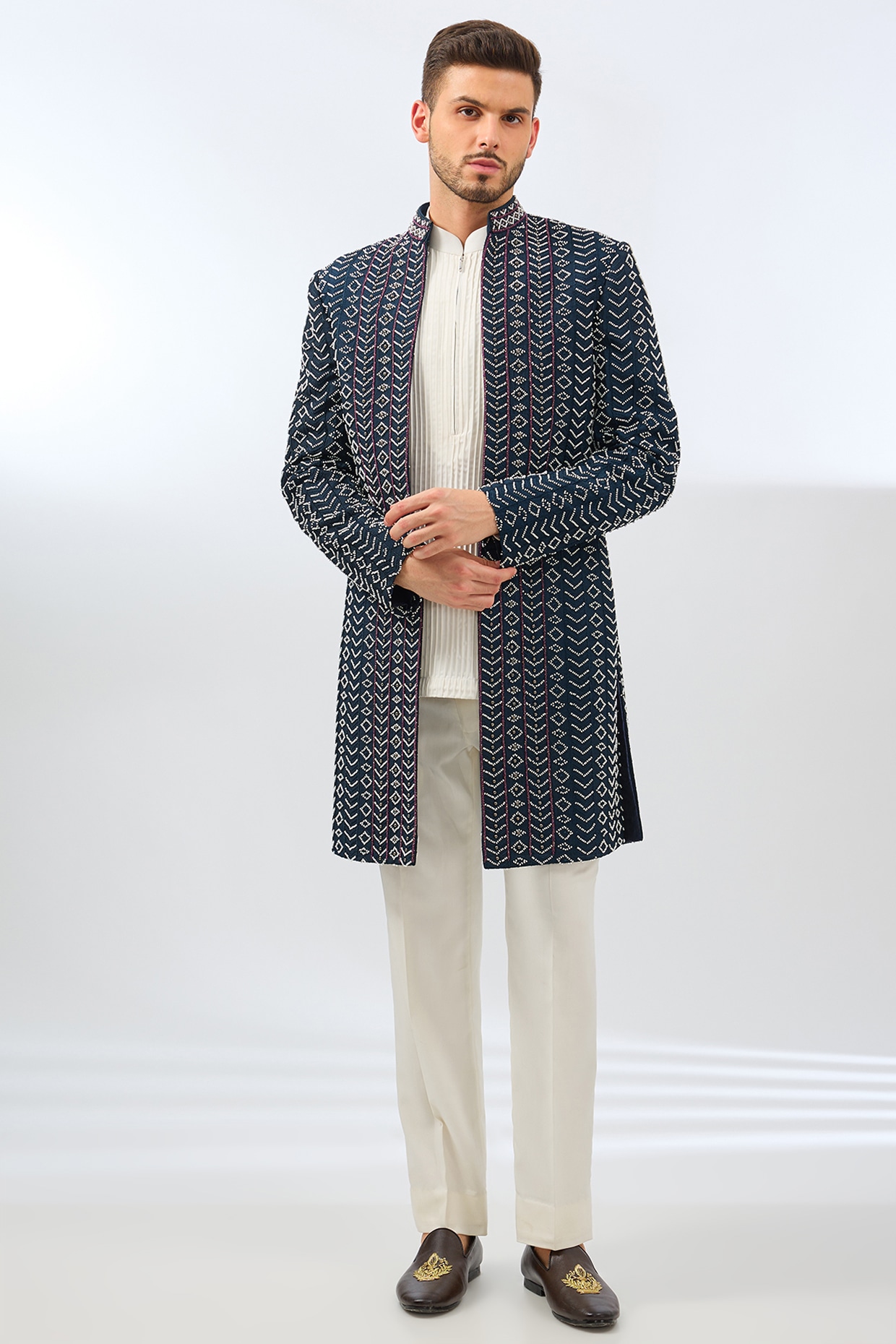 Dhananjay Blue Terry Rayon Blend Cutdana Embroidered Indo-Western Set