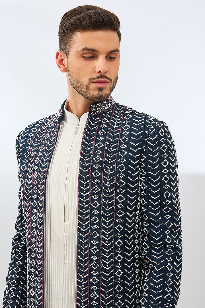 Blue Terry Rayon Blend Cutdana Embroidered Indo-Western Set by Dhananjay at Pernia's Pop Up Shop