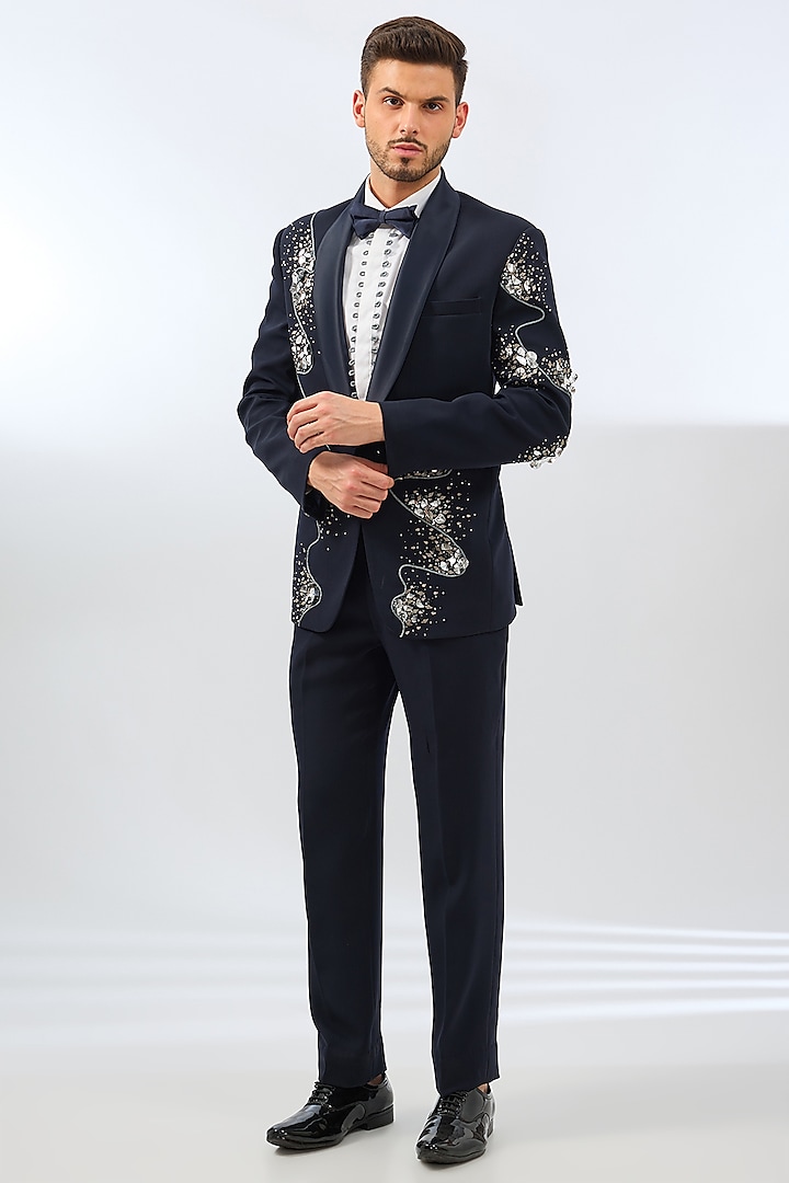 Navy Blue Polyester 3D Crystal Embroidered Tuxedo Set by Dhananjay