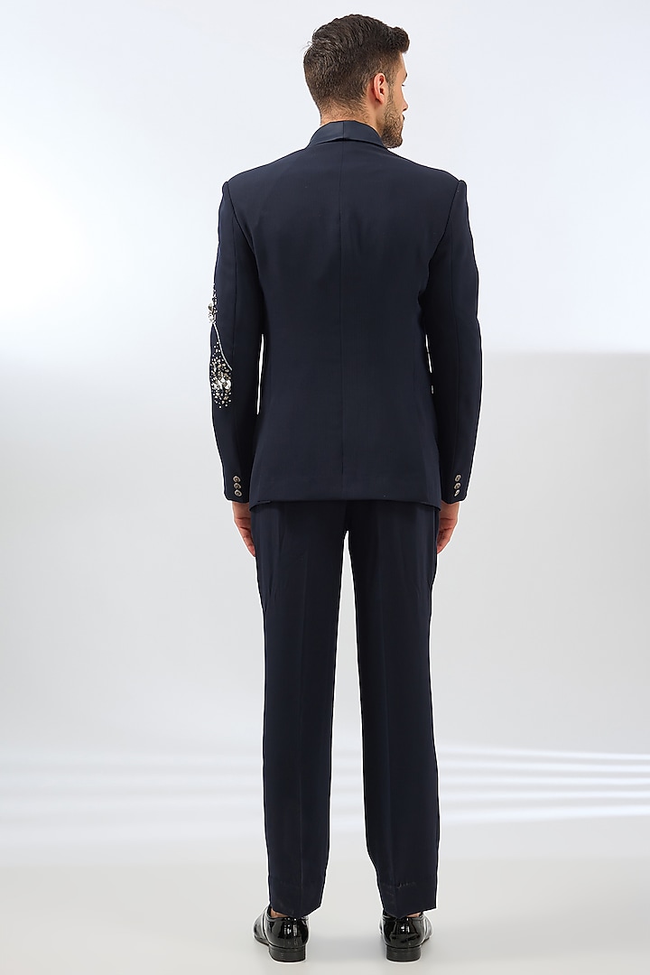 Navy Blue Polyester 3D Crystal Embroidered Tuxedo Set by Dhananjay at Pernia's Pop Up Shop