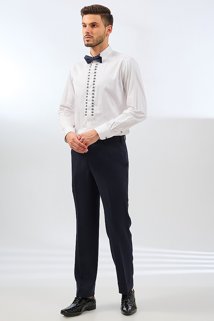 Navy Blue Polyester 3D Crystal Embroidered Tuxedo Set by Dhananjay at Pernia's Pop Up Shop