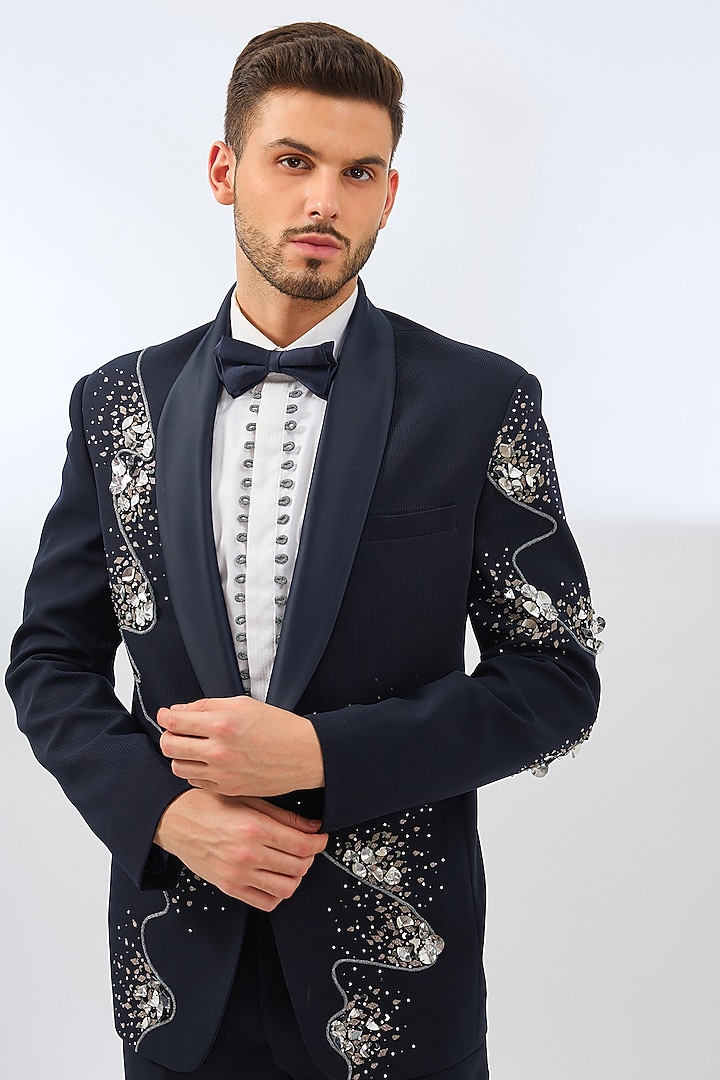 Navy Blue Polyester 3D Crystal Embroidered Tuxedo Set by Dhananjay at Pernia's Pop Up Shop