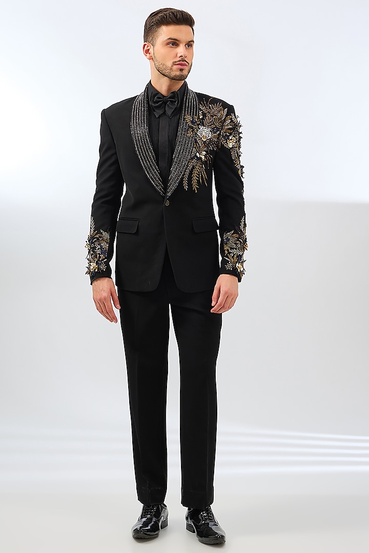 Black Polyester 3D Hand Embroidered Tuxedo Set by Dhananjay