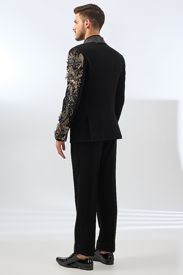 Black Polyester 3D Hand Embroidered Tuxedo Set by Dhananjay at Pernia's Pop Up Shop