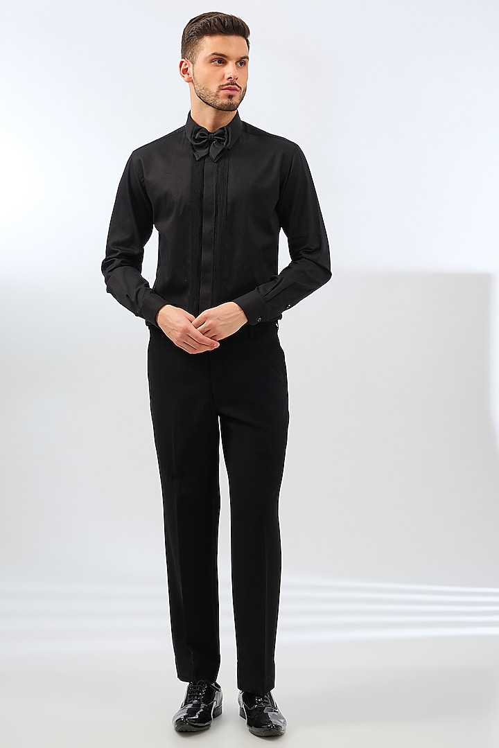 Black Polyester 3D Hand Embroidered Tuxedo Set by Dhananjay at Pernia's Pop Up Shop