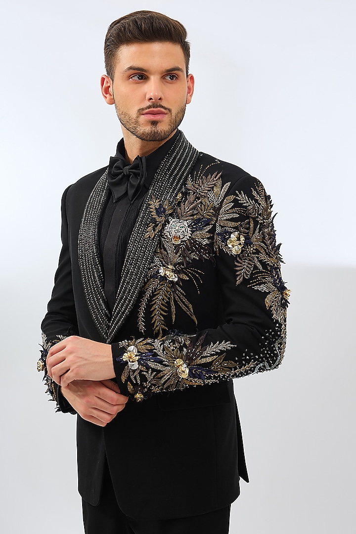 Black Polyester 3D Hand Embroidered Tuxedo Set by Dhananjay at Pernia's Pop Up Shop