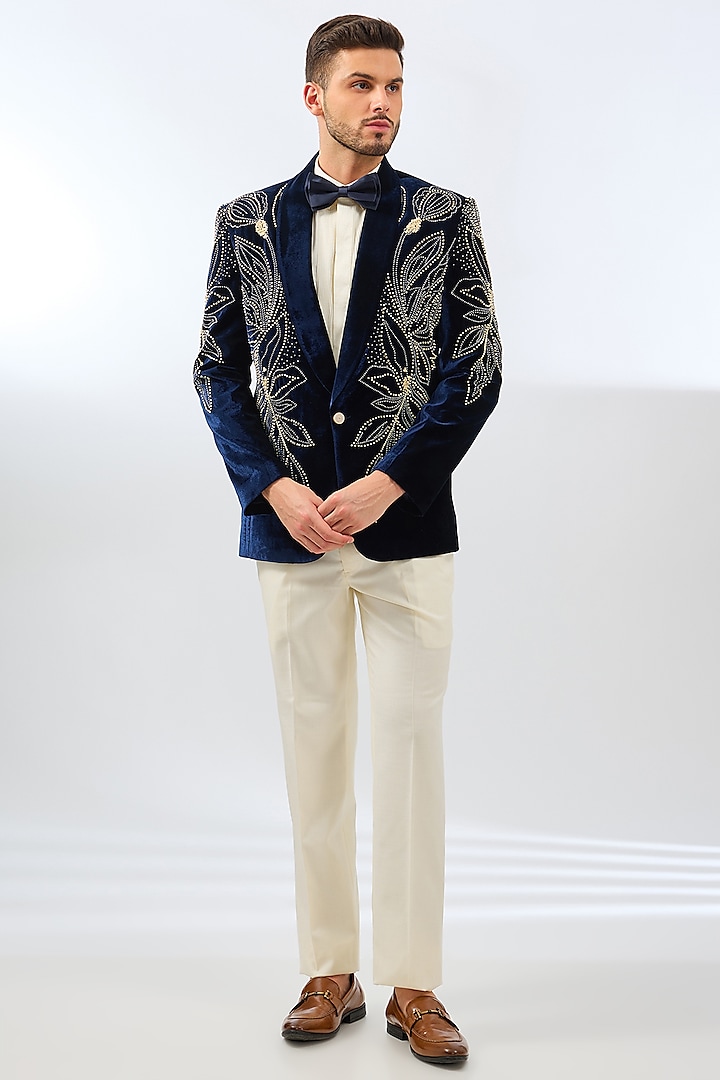 Blue Velvet Bead Embroidered Tuxedo Set by Dhananjay