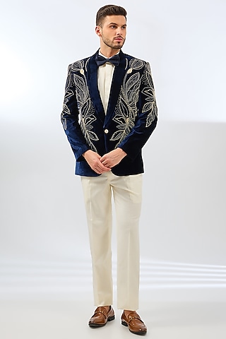 Blue Velvet Bead Embroidered Tuxedo Set by Dhananjay