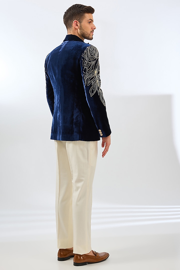 Blue Velvet Bead Embroidered Tuxedo Set by Dhananjay at Pernia's Pop Up Shop