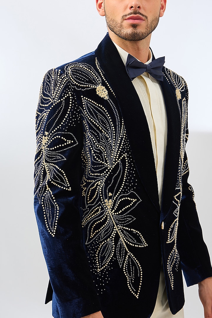 Blue Velvet Bead Embroidered Tuxedo Set by Dhananjay at Pernia's Pop Up Shop