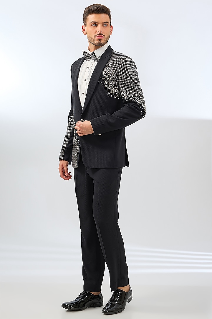 Charcoal Grey Terry Rayon Blend Crystal & Sequins Embroidered Tuxedo Set by Dhananjay