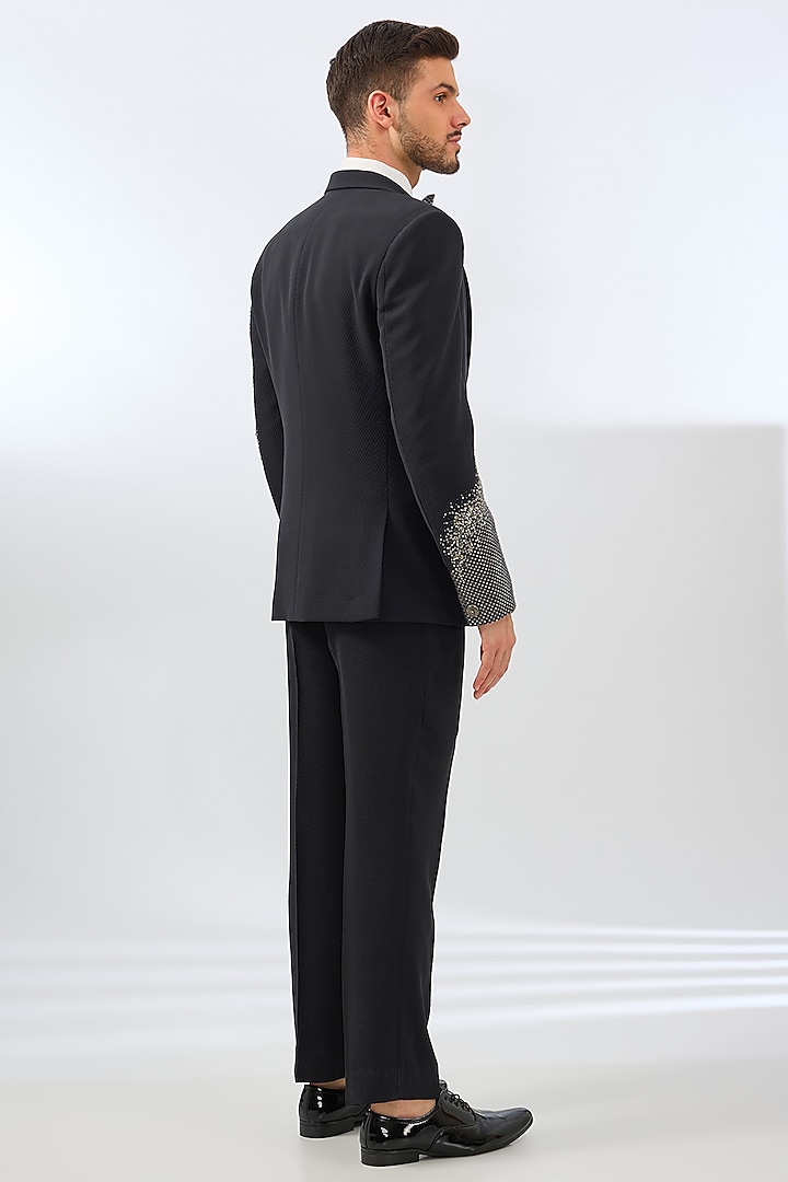 Charcoal Grey Terry Rayon Blend Crystal & Sequins Embroidered Tuxedo Set by Dhananjay at Pernia's Pop Up Shop