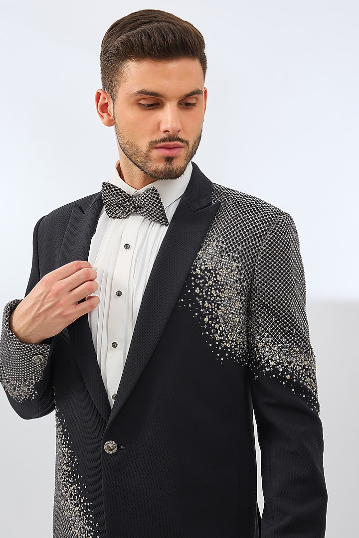 Charcoal Grey Terry Rayon Blend Crystal & Sequins Embroidered Tuxedo Set by Dhananjay at Pernia's Pop Up Shop