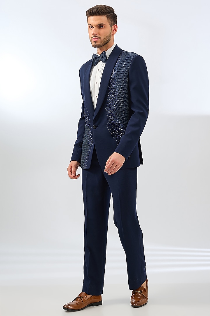 Navy Blue Terry Rayon Blend Crystal & Sequins Embroidered Tuxedo Set by Dhananjay at Pernia's Pop Up Shop