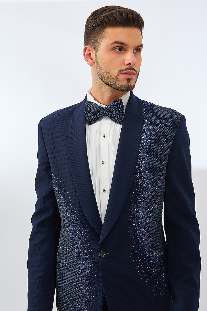 Navy Blue Terry Rayon Blend Crystal & Sequins Embroidered Tuxedo Set by Dhananjay at Pernia's Pop Up Shop
