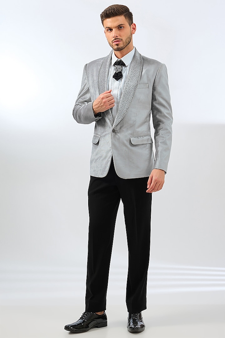 Silver Grey Velvet Beadwork Tuxedo Set by Dhananjay