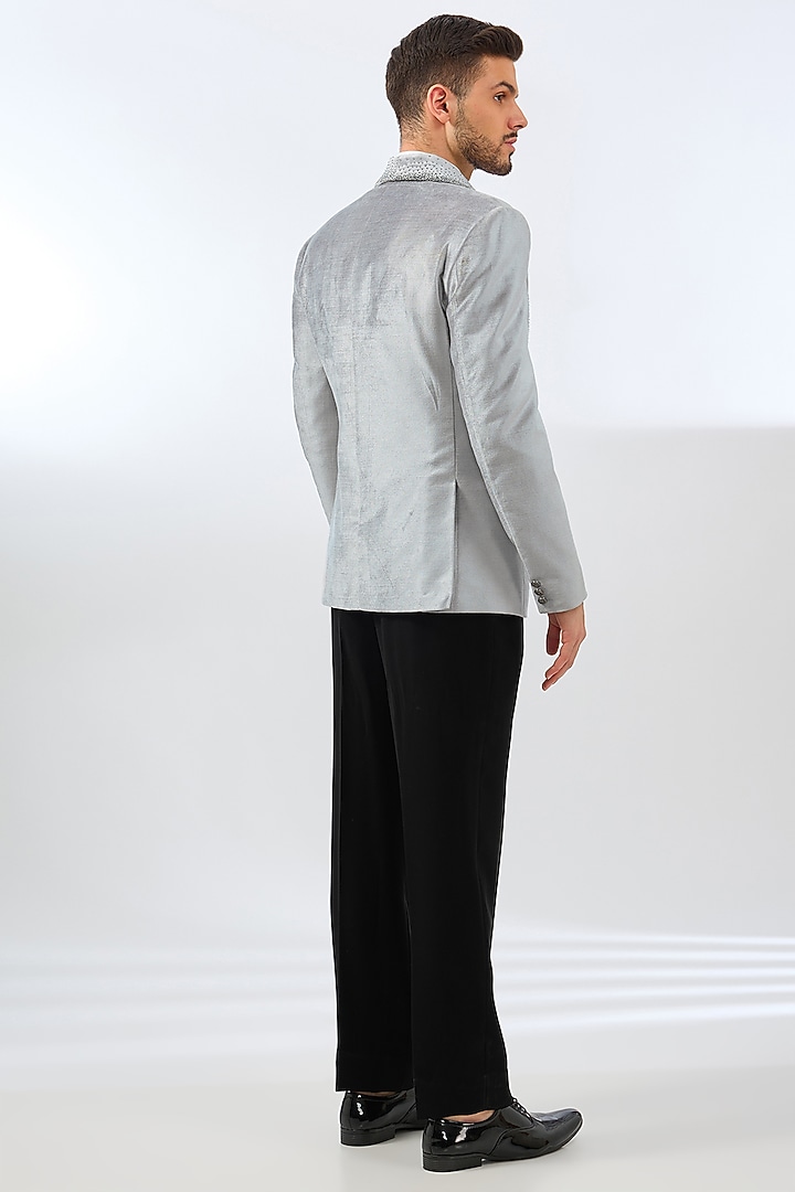 Silver Grey Velvet Beadwork Tuxedo Set by Dhananjay at Pernia's Pop Up Shop