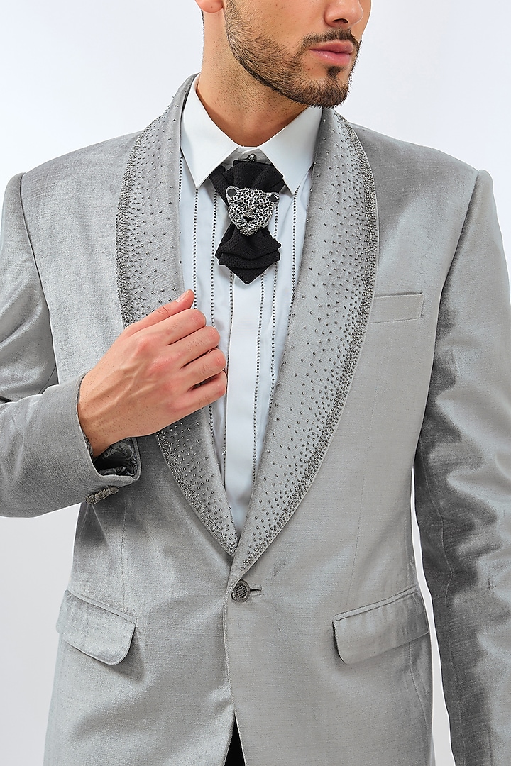 Silver Grey Velvet Beadwork Tuxedo Set by Dhananjay at Pernia's Pop Up Shop