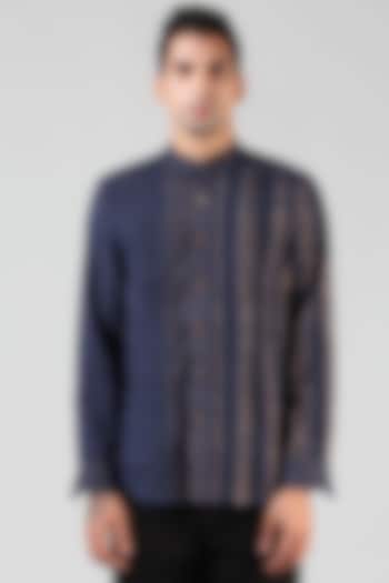 Navy Blue Box Pleated Party Wear Shirt by Dhatu Design Studio at Pernia's Pop Up Shop