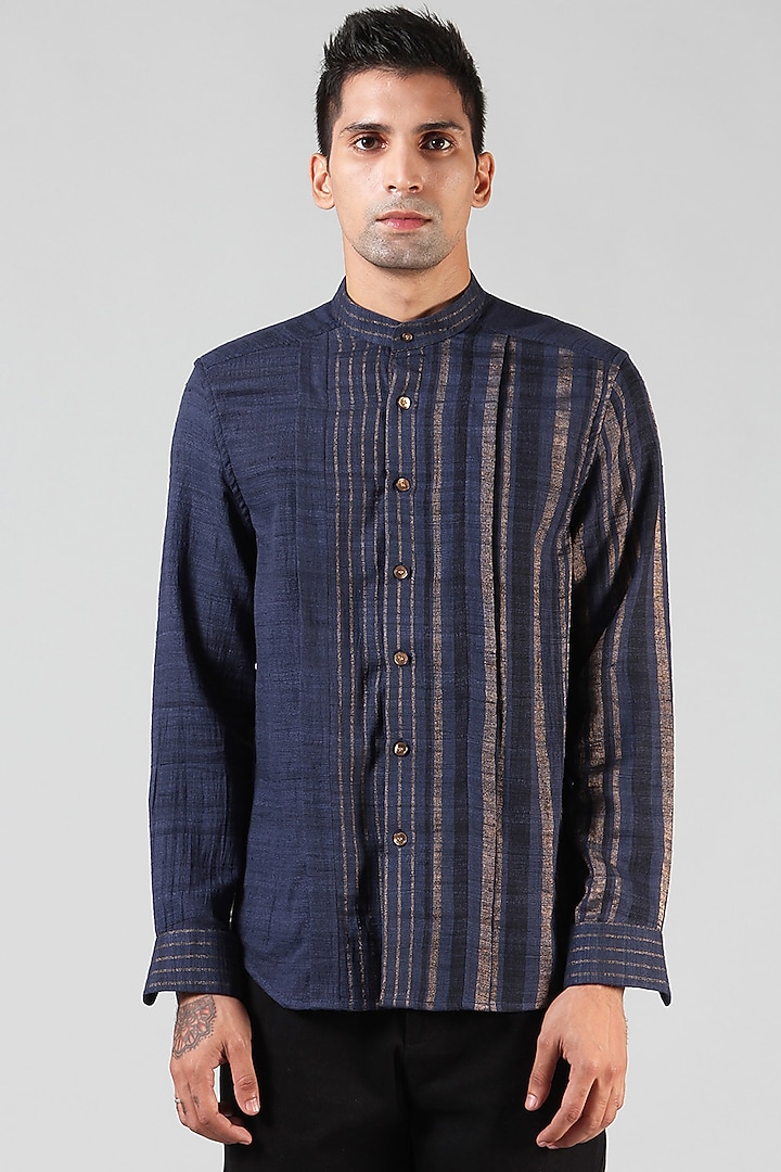 Navy Blue Box Pleated Party Wear Shirt by Dhatu Design Studio at Pernia's Pop Up Shop