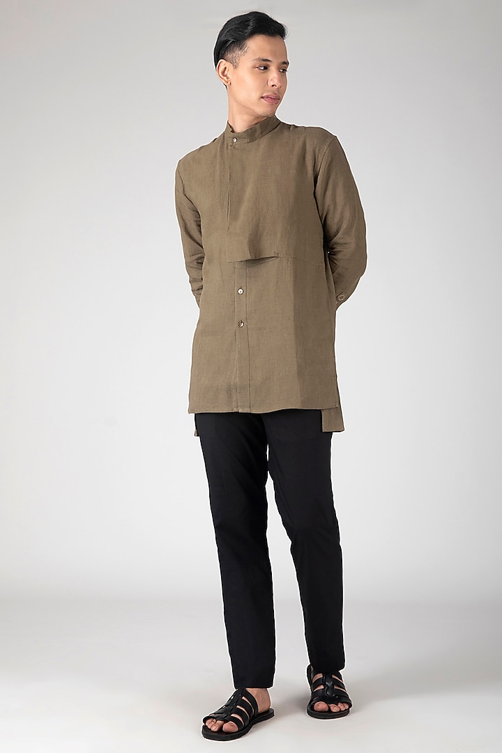 Olive Green Cowl Collar Party Wear Shirt by Dhatu Design Studio at Pernia's Pop Up Shop