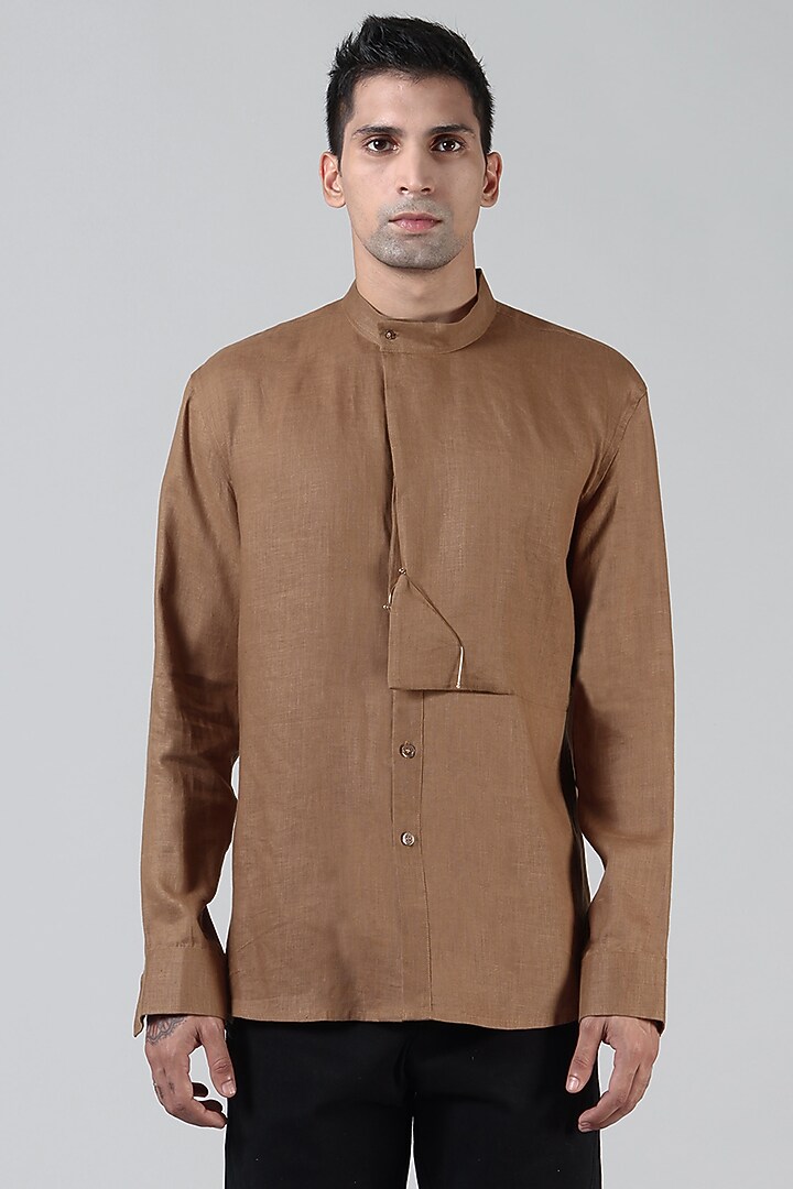 Bronze Pleated Party Wear Shirt With Anti-Flip Pocket by Dhatu Design Studio at Pernia's Pop Up Shop