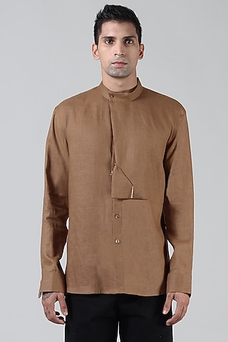 Bronze Pleated Shirt With Anti-Flip Pocket by Dhatu Design Studio