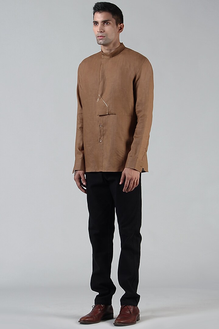 Bronze Pleated Party Wear Shirt With Anti-Flip Pocket by Dhatu Design Studio at Pernia's Pop Up Shop